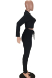Black Polyester Sexy Patchwork HOLLOWED OUT Solid Two Piece Suits pencil Long Sleeve  Two-piece Pants Set