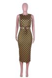 Brown Polyester Street Fashion adult Plaid Print Two Piece Suits pencil Sleeveless  Two-Piece Dress
