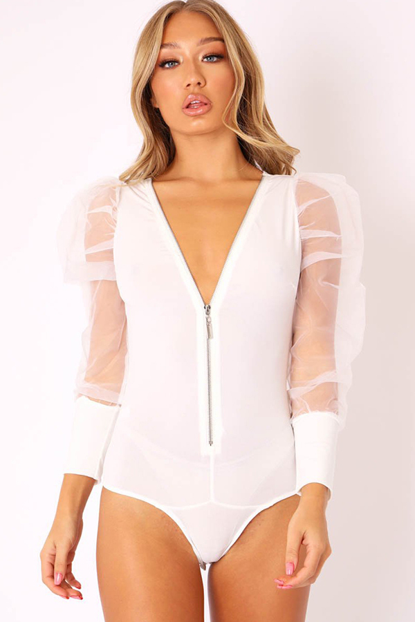 White Sexy Solid Mesh zipper perspective Chemical fiber blend Long Sleeve V Neck 