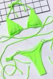 Fluorescent green Nylon crop top Solid Two Piece Suits bandage Patchwork backless Fashion adult Sexy Bikinis Set