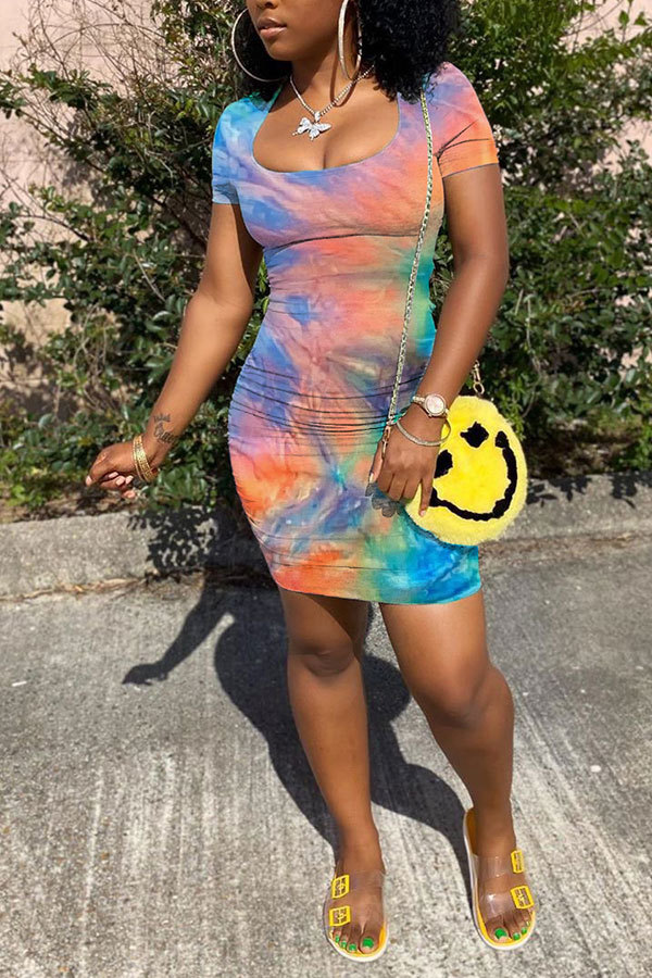 Blue Fashion Casual adult Blue Green Cap Sleeve Short Sleeves O neck Step Skirt Mini Print Patchwork backless Tie and dye hollow out Dresses