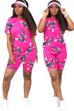 rose red Fashion Active adult Patchwork Print Character Two Piece Suits Straight Short Sleeve Two Pieces
