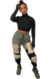 Army Green Polyester Elastic Fly Sleeveless Mid bandage Solid Patchwork Harlan pants Pants  Pants