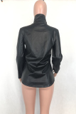 Black PU Turndown Collar Long Sleeve Solid Patchwork  Blouses & Shirts
