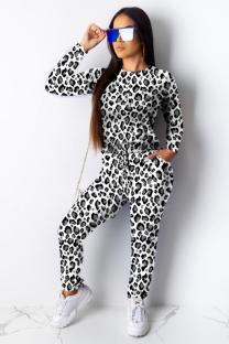 White Polyester Fashion adult Casual Two Piece Suits Print contrast color Leopard Straight Long Sleeve 