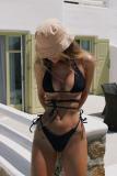 Black Nylon crop top Solid Two Piece Suits bandage Patchwork backless Fashion adult Sexy Bikinis Set
