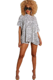 White Fashion Casual adult Ma'am Leopard Patchwork Print Two Piece Suits pencil Short Sleeve Two Pieces
