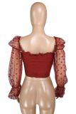 Wine Red Polyester Wrapped chest Long Sleeve Dot Patchwork Mesh Solid perspective 