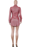 Red Street Shirt sleeves Long Sleeves Turndown Collar Step Skirt Knee-Length Solid Club Dress