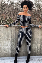 Stripe Polyester Elastic Fly Long Sleeve Mid Patchwork Striped Straight Pants  Two-piece suit