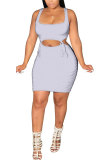 Grey Polyester Fashion Sexy adult Patchwork Solid Bandage asymmetrical Two Piece Suits HOLLOWED OUT pencil Sleeveless Two Pieces