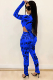 Blue Milk Silk Sexy Print Two Piece Suits pencil Long Sleeve 
