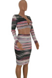 Multi-color venetian Sweet Two Piece Suits Striped Print pencil Long Sleeve Two-Piece Dress