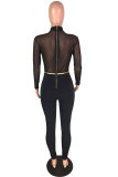 Black Elastic Fly Long Sleeve Mid Solid Skinny Pants Jumpsuits & Rompers