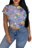 Green Yellow cartoon Multi-color purple Polyester O Neck Short Sleeve Patchwork Print Character Tops