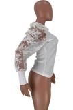 Black O Neck Long Sleeve Mesh Patchwork lace perspective Floral asymmetrical
