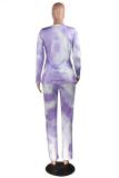 purple Polyester Active Print Straight Long Sleeve  Two-piece Pants Set