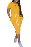 Yellow Polyester Fashion Sweet Red Black Grey Blue Green Pink Yellow Light Blue fuchsia Light Green Cap Sleeve Short Sleeves O neck Pencil Dress Mid-Calf Solid Dresses