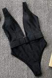 Black Solid Asymmetrical Fashion Sexy One-Piece Swimwear