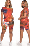 Orange Fashion Sexy Print Tie Dye Two Piece Suits pencil Short Sleeve Two Pieces