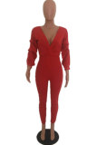 Red Elastic Fly Mid Solid Straight Pants Jumpsuits & Rompers