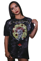 Black Polyester O Neck Short Sleeve asymmetrical Character Tie Dye Letter  Tees & T-shirts