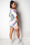 Blue Fashion Casual Two Piece Suits Tie Dye asymmetrical Loose Short Sleeve Two-Piece Short Se