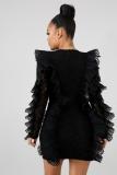 Black Spandex Fashion Cap Sleeve Long Sleeves O neck Step Skirt Mini lace 
