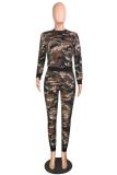 Green adult Casual Fashion Camouflage Two Piece Suits Print Straight Long Sleeve Two-piece Pant