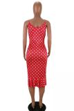 Red Polyester Sexy Fashion Spaghetti Strap Sleeveless Slip Step Skirt Knee-Length Print ruffle Patchwork