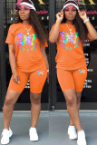 Orange Fashion Casual adult Patchwork Print Two Piece Suits Straight Short Sleeve Two Pieces