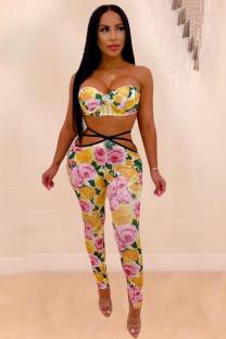 Yellow Polyester Sexy adult Fashion crop top Print Geometric asymmetrical Floral Skinny  Two-piece Pants Se