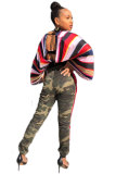 Multi-color Polyester V Neck Long Sleeve Striped Print crop top Patchwork  Long Sleeve Tops