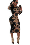 Black Sexy Fashion Long Sleeves O neck Pencil Dress Knee-Length Print 