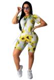 White Fashion Casual adult Patchwork Print Two Piece Suits Straight Short Sleeve Two Pieces