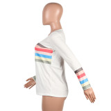 White V Neck Long Sleeve Patchwork Tees & T-shirts