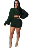 Green Wool Europe and America Solid Two Piece Suits pencil Long Sleeve Two-Piece Short Set