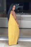 Yellow Polyester Sexy Fashion Spaghetti Strap Sleeveless Slip Step Skirt Ankle-Length Striped Solid  Casual