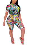 Blue venetian Fashion Casual adult Ma'am Print Character Two Piece Suits pencil Short Sleeve Two Pieces