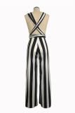 Black Sexy Fashion zipper Striped Print Patchwork Polyester Sleeveless V Neck  Jumpsuits