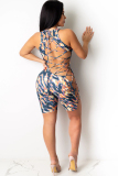 Blue Sexy Hollow Asymmetrical Camouflage Backless Print Chemical fiber blend Sleeveless O Neck  Rompers