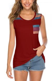 Wine Red O Neck Sleeveless Print Patchwork Solid