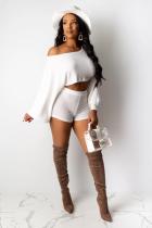 White Polyester adult Casual Fashion Two Piece Suits Solid crop top Straight Long Sleeve  Two-Piece Short 