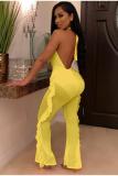 Yellow Sexy Fashion Hollow stringy selvedge Backless Solid Polyester Sleeveless Slip 