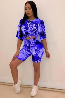 Blue Polyester Fashion Sexy Two Piece Suits Sequin Slim fit crop top Bandage Skinny Half Sleeve  Two-Piec