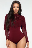 Wine Red Button Fly Long Sleeve Mid lace Patchwork Skinny shorts