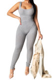 Grey Fashion Casual Patchwork Solid Draped Polyester Sleeveless Slip Jumpsuits