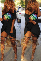 Black Polyester Fashion Sexy One Shoulder Short Sleeves One word collar Step Skirt skirt Print Patchwork 