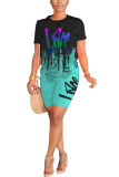 Cyan Fashion Street Print Two Piece Suits Straight Short Sleeve Two Pieces