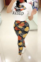 Yellow Fashion adult Street Letter Patchwork Print Two Piece Suits Lips Print pencil Short Sleeve Two Pieces